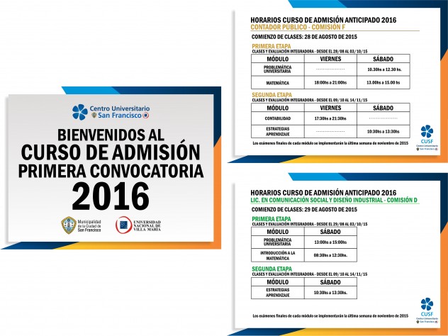 Horarios Curso de Admisión Anticipado 2016 - UNVM CUSF